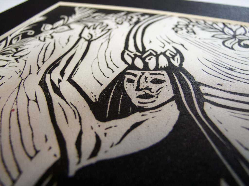 A detailed linocut print of the Queen of Elphame, an ancient fairy queen, depicted with long hair, a floral crown, and an outstretched arm.