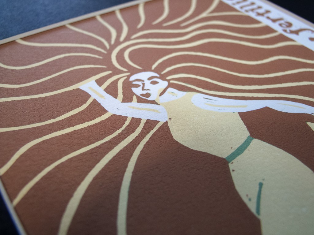 A close-up of a linocut artwork depicting the goddess Brigid, characterized by flowing lines symbolizing fire and light, with a figure extending an arm and a dynamic pose.