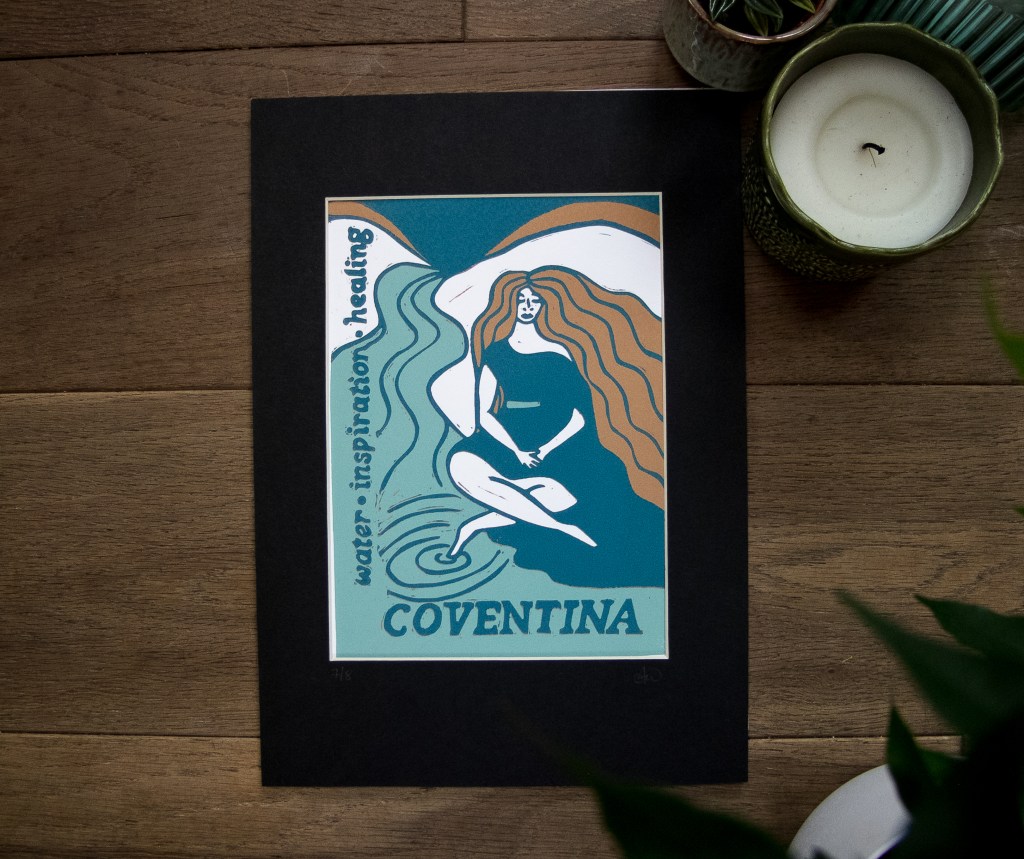 Artistic representation of the goddess Coventina, associated with water, inspiration, and healing. She is depicted sitting by a flowing stream, with flowing hair and wearing a dress against a backdrop of waves.