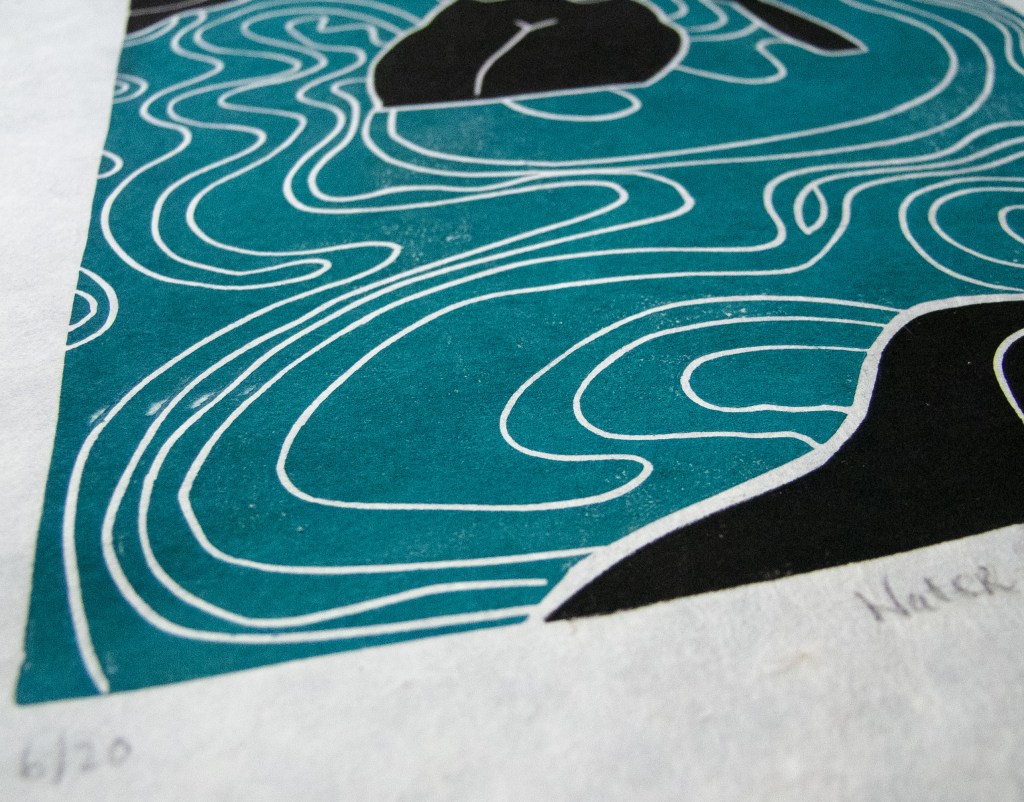 Artistic depiction of flowing water with abstract swirling patterns in teal and black.