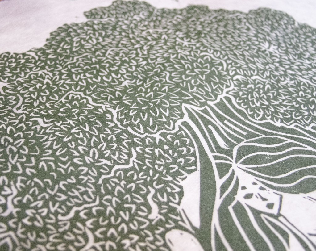 Close-up view of a stylized tree with intricate leaf patterns and textured bark, representing the Dryads, Greek tree nymphs.