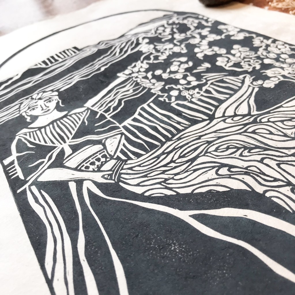 A linocut print of Goddess Anahit, depicted with intricate lines and patterns, showcasing elements associated with fertility and purity.