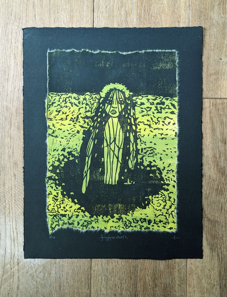 A print depicting Jenny Greenteeth, a folklore character, standing in a pond surrounded by green algae, with long dark hair and a mischievous expression.