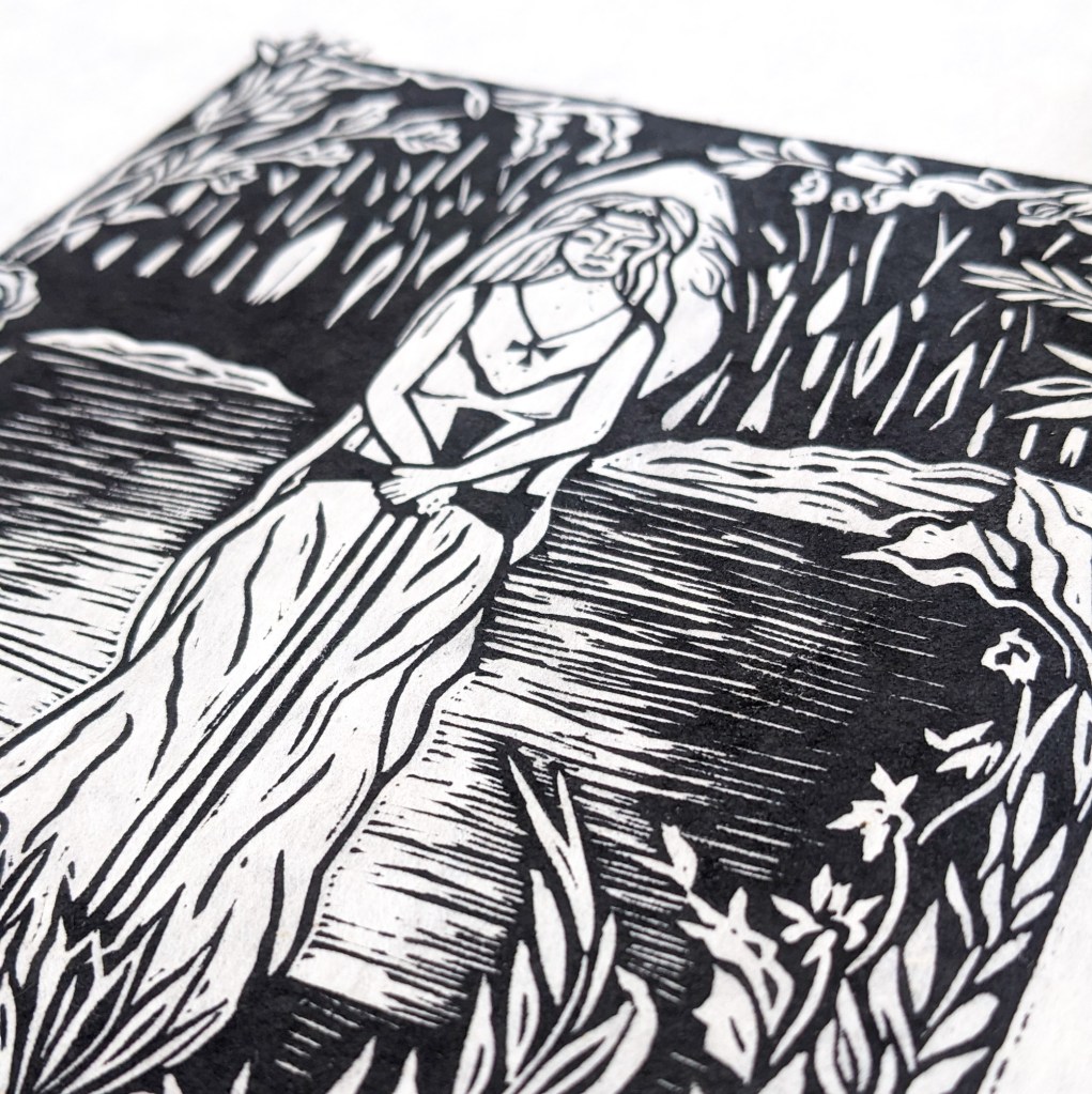 lady of the lake square linocut print of a woman in a lake holding a sword. black and white