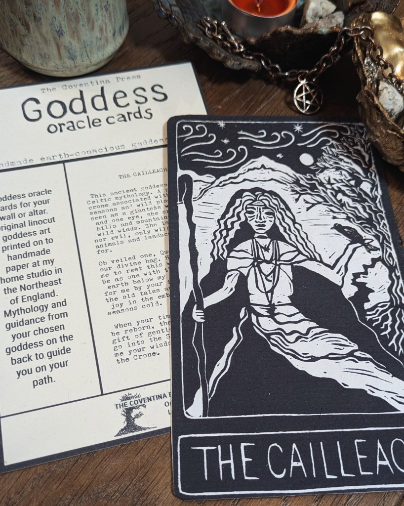 up close image of the cailleach linocut oracle card