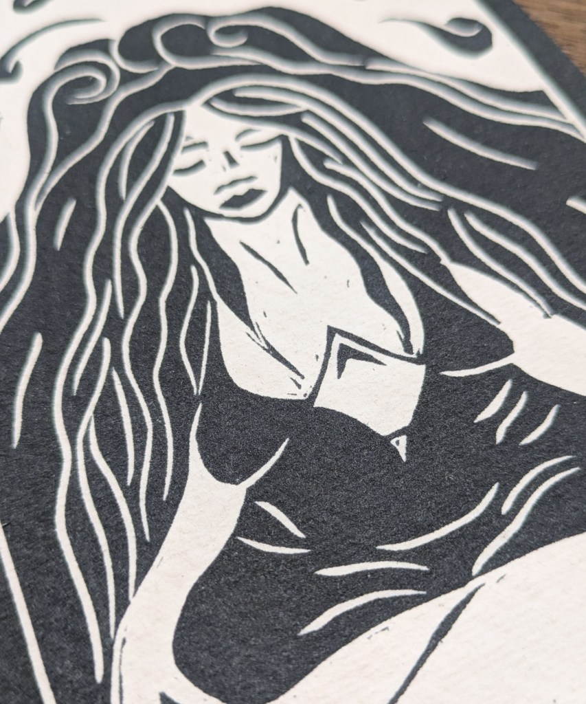 Artistic representation of Pele, the Hawaiian goddess of fire and volcanoes, featuring her flowing hair and strong presence.