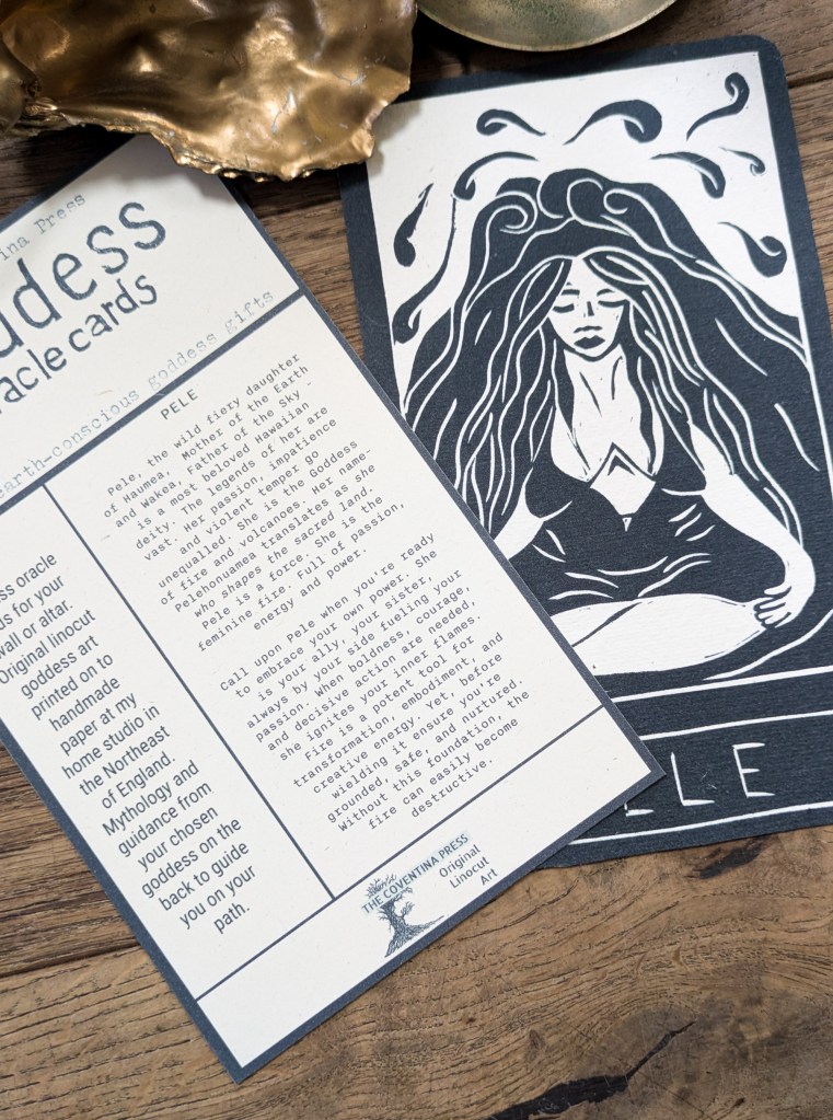 Artistic representation of Pele, the Hawaiian goddess of fire and volcanoes, depicted on an oracle card alongside accompanying text describing her attributes.